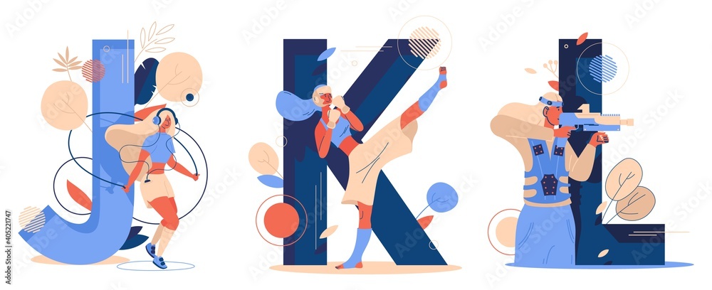 Letters J K L collection with women training kickboxing, laser tag and jumping rope. Sport and healthy lifestyle collection good for wellness web page Letters J K L collection with women training kickboxing, laser tag and jumping rope. Sport and healthy lifestyle collection good for wellness web page