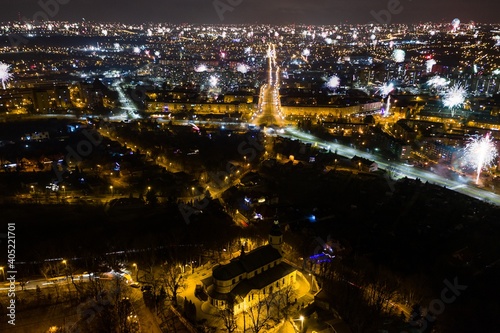 Many fireworks new year celebration in the city. New year  fete  picnic fireworks show. Dabrowa gornicza  silesia poland aerial drone view