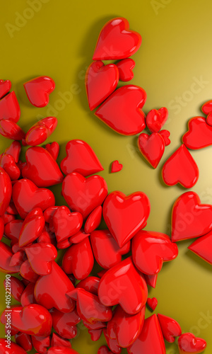  3d illustration of many red shiny hearts on yellow background.