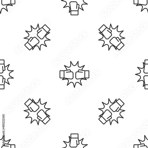 Grey line Punch in boxing gloves icon isolated seamless pattern on white background. Boxing gloves hitting together with explosive. Vector.
