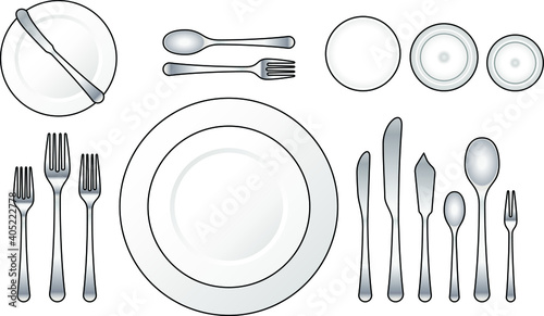 Diagram: Place setting for a formal dinner with oyster, soup, fish and salad courses.