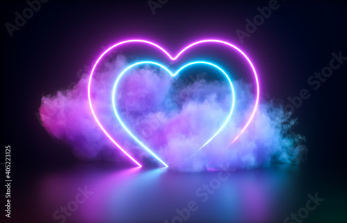 Futuristic Modern empty stage. Reflective dark room with glowing neon heart shape and cloud. 3d render.