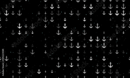 Seamless background pattern of evenly spaced white sea anchor symbols of different sizes and opacity. Vector illustration on black background with stars