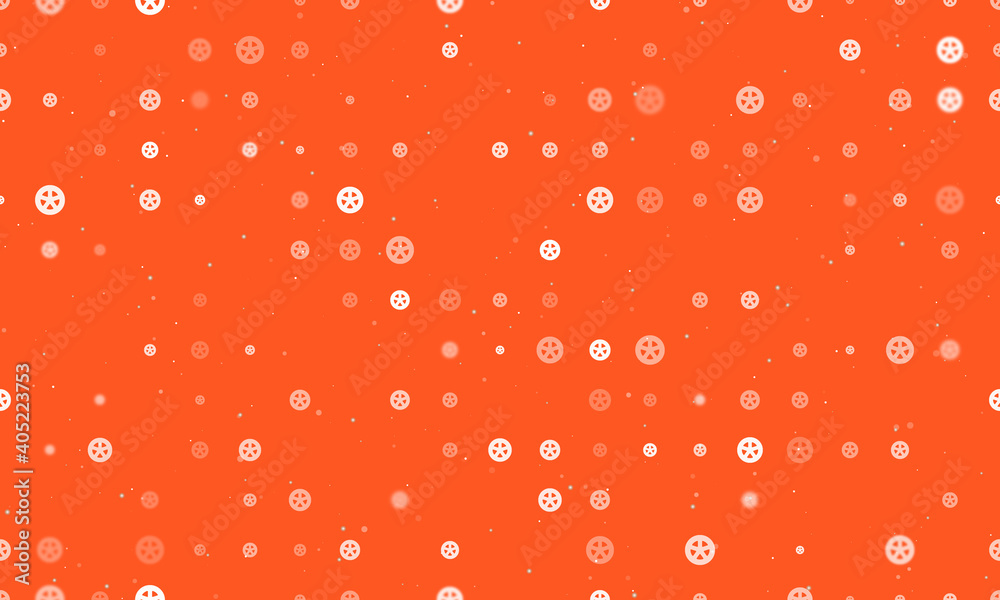Seamless background pattern of evenly spaced white car wheel symbols of different sizes and opacity. Vector illustration on deep orange background with stars Seamless background pattern of evenly spaced white car wheel symbols of different sizes and opacity. Vector illustration on deep orange background with stars