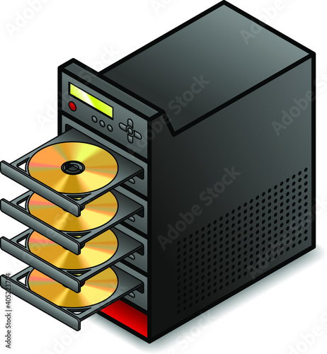 A CD/DVD/BD replicator with four drives. Shown with drive drawers opened.
