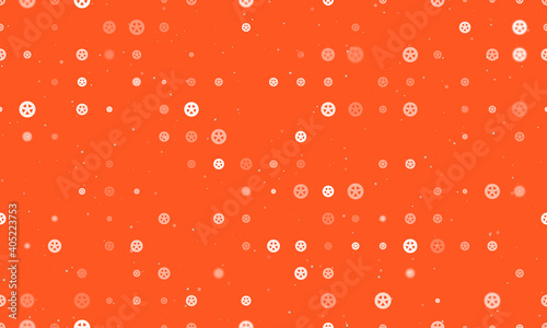 Seamless background pattern of evenly spaced white car wheel symbols of different sizes and opacity. Vector illustration on deep orange background with stars