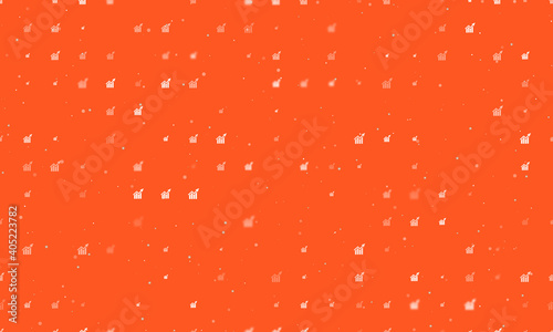 Seamless background pattern of evenly spaced white chart up symbols of different sizes and opacity. Vector illustration on deep orange background with stars