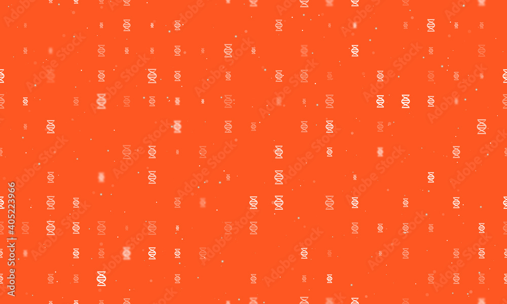 Seamless background pattern of evenly spaced white dna symbols of different sizes and opacity. Vector illustration on deep orange background with stars Seamless background pattern of evenly spaced white dna symbols of different sizes and opacity. Vector illustration on deep orange background with stars