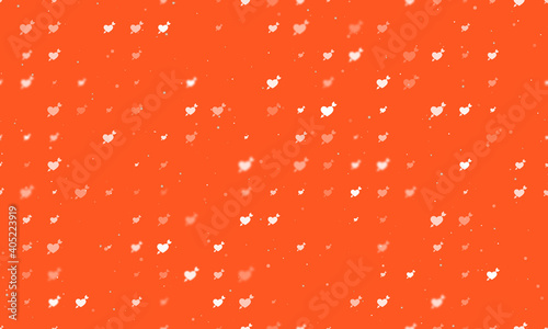 Seamless background pattern of evenly spaced white cupid arrow symbols of different sizes and opacity. Vector illustration on deep orange background with stars