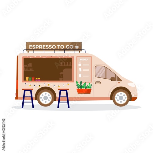 Street Food Festival icon, people buying takeaway coffee in truck, vehicle. Mobile coffee shop, cafe on wheels in city park, vector concept banner