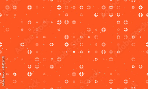 Seamless background pattern of evenly spaced white lifebuoy symbols of different sizes and opacity. Vector illustration on deep orange background with stars