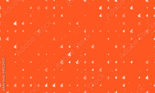 Seamless background pattern of evenly spaced white peeled banana symbols of different sizes and opacity. Vector illustration on deep orange background with stars