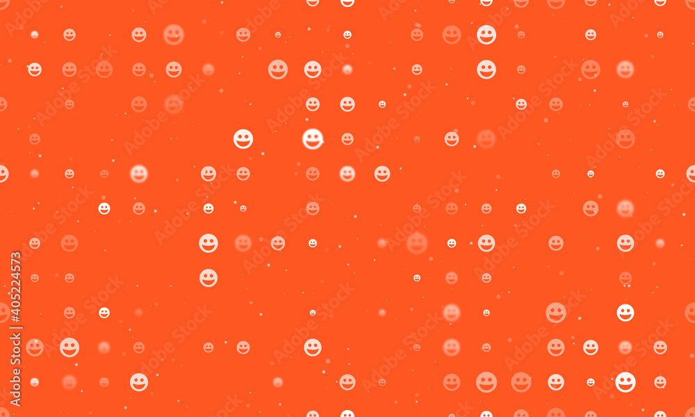 Seamless background pattern of evenly spaced white laughter Emoticons of different sizes and opacity. Vector illustration on deep orange background with stars