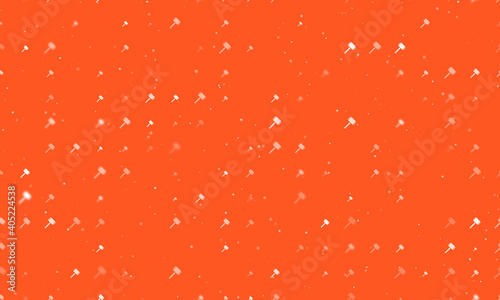 Seamless background pattern of evenly spaced white sledgehammer symbols of different sizes and opacity. Vector illustration on deep orange background with stars