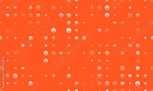 Seamless background pattern of evenly spaced white laughter Emoticons of different sizes and opacity. Vector illustration on deep orange background with stars