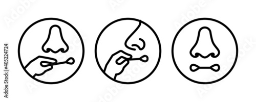Nasal swab line icon. viral exam Flu and coronavirus COVID-19 Test virus. Pandemic infection PCR testing, Medical novel, Hand holding test 