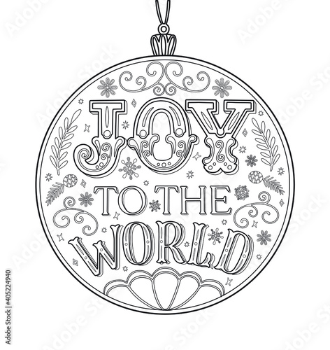 Vector Coloring page for adults and children dedicated to Christmas.Typography emblem. Winter holiday illustration. Wishing handwritten postcard. Isolated vector.