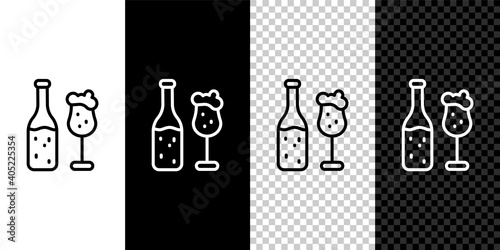 Set line Beer bottle and glass icon isolated on black and white,transparent background. Alcohol Drink symbol. Vector.