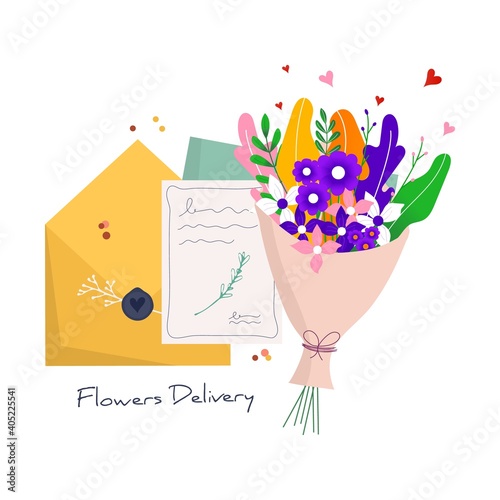 Concept for fast flower delivery with craft paper envelope to the recipient. Online delivery service for landing page. Vector illustration for web with bouquet, parcel, pack