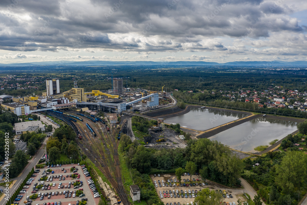 Coal mine in Poland. Mine janina in Libiaz. Industrial  abstract sendimentation tank of mine in Poland. Industrial lake Aerial drone photo view