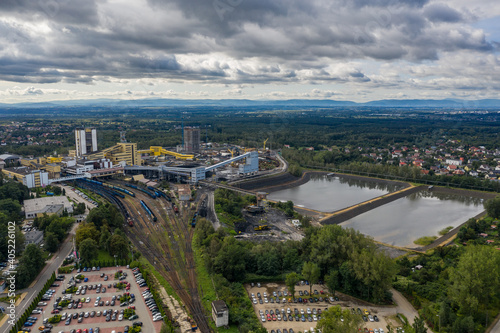 Coal mine in Poland. Mine janina in Libiaz. Industrial abstract sendimentation tank of mine in Poland. Industrial lake Aerial drone photo view