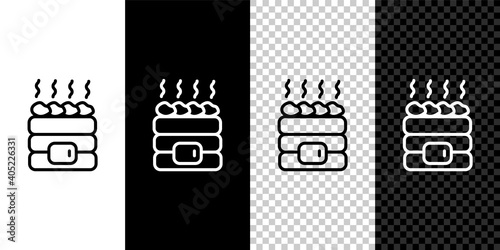 Set line Hot sauna stones icon isolated on black and white,transparent background. Spa resort recreation, bathhouse relaxation. Hot stones on electric heater. Vector.