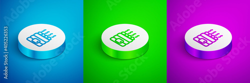 Isometric line Hot sauna stones icon isolated on blue,green and purple background. Spa resort recreation, bathhouse relaxation. Hot stones on electric heater. White circle button. Vector.