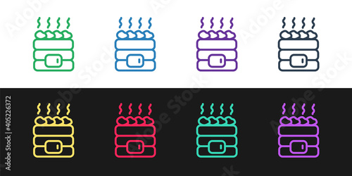Set line Hot sauna stones icon isolated on black and white background. Spa resort recreation, bathhouse relaxation. Hot stones on electric heater. Vector.