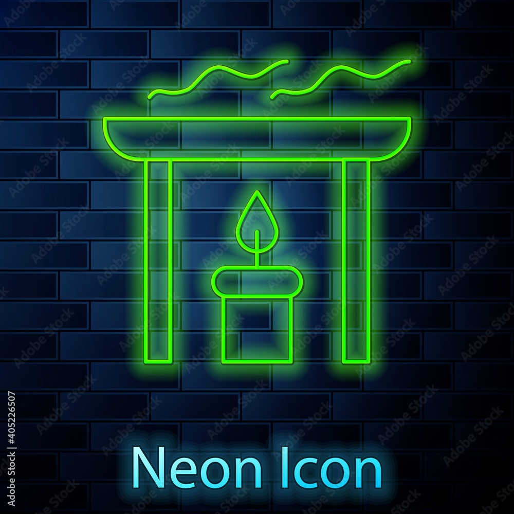 Glowing neon line Aroma candle icon isolated on brick wall background. Vector.