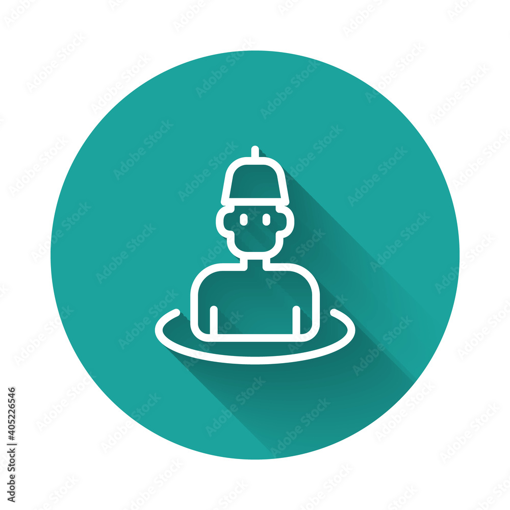 White line Man in the sauna icon isolated with long shadow background. Green circle button. Vector. White line Man in the sauna icon isolated with long shadow background. Green circle button. Vector.