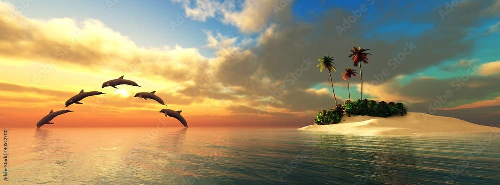 Ocean Sunset With Palm Trees And Dolphins