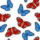 Blue and red butterflies fly seamless pattern. Background with beautiful insects. Vector illustration in cartoon flat style.