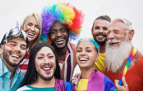 Multiracial people having fun at gay pride parade - Homosexual love and lgbt concept