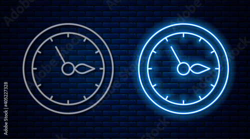 Glowing neon line Sauna clock icon isolated on brick wall background. Sauna timer. Vector.