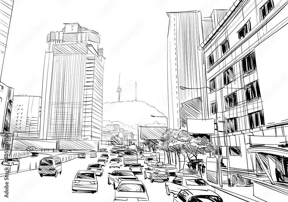 Seoul. The Republic of Korea. Hand drawn city sketch. Vector illustration.