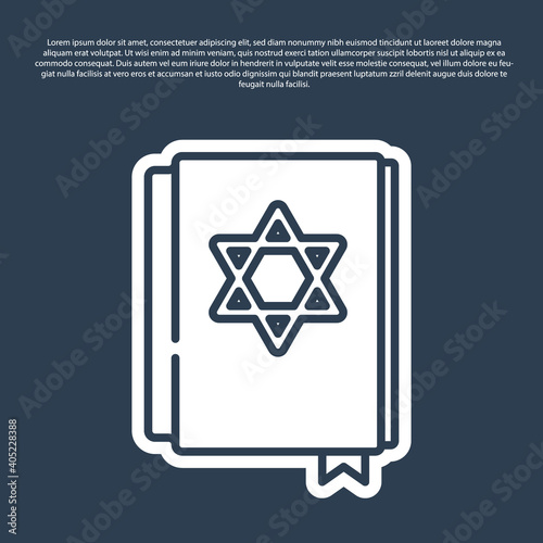 Blue line Jewish torah book icon isolated on blue background. Pentateuch of Moses. On the cover of the Bible is the image of the Star of David. Vector.