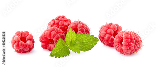 Raspberries with leaves of mint. Raspberries  Isolated on White Background. Ripe berries isolated.