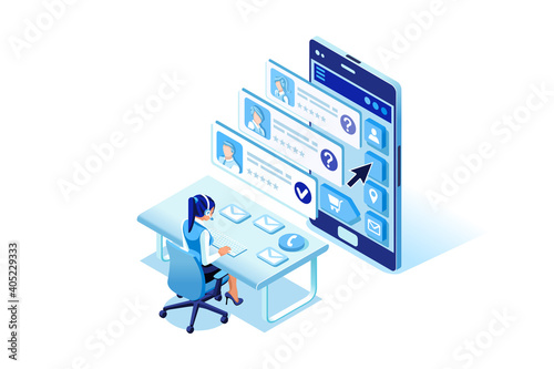 Symbolic clients chat, business services symbol. Graphic design of business service person on smartphone, client character chatting sign. Vector illustration, concept for flat web banners.
