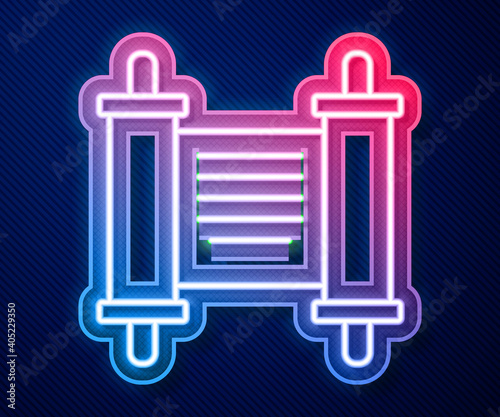 Glowing neon line Decree, paper, parchment, scroll icon icon isolated on blue background. Chinese scroll. Vector.
