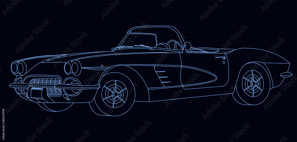 Naklejka premium Vintage car drawing one light line on the dark background