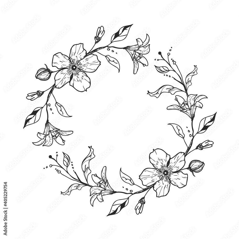 Fototapeta premium Cute floral wreath with lilies and flowers. Wedding concept. Invitation template.