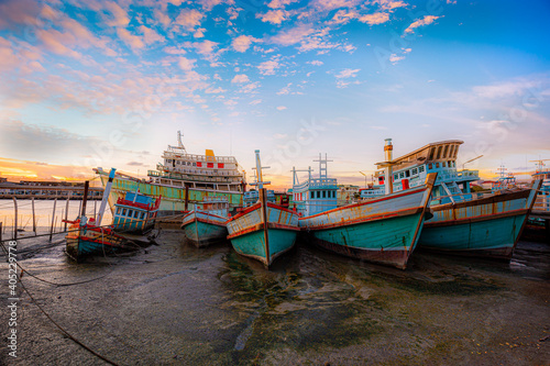 Fishing port and beautiful sky in Asia.