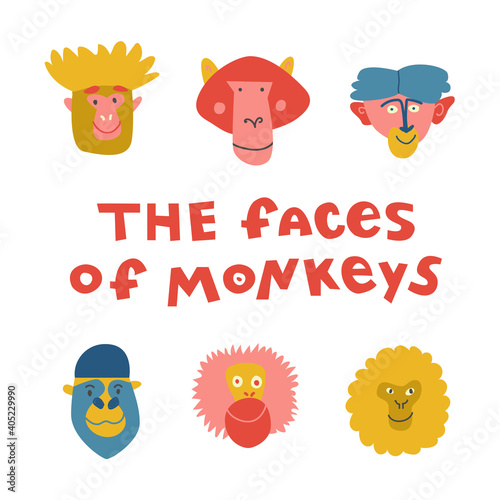 Set of the cute cartoon faces of monkeys. Hand drawn vector illustration.