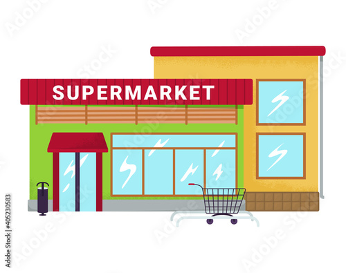 Supermarket store in city place, district mini market, shopping cart trolley standing grocery flat vector illustration, isolated on white. Local food shop building, concept residential area.