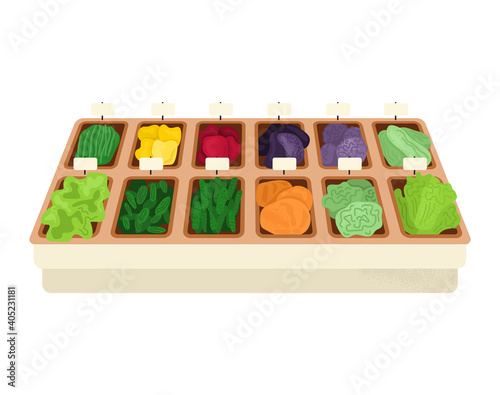 Market wooden shelf organic vegetable foodstuff, concept eco green garden foo...