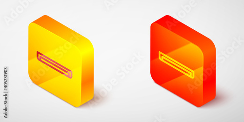Isometric line Long luminescence fluorescent energy saving lamp icon isolated on grey background. Yellow and orange square button. Vector.