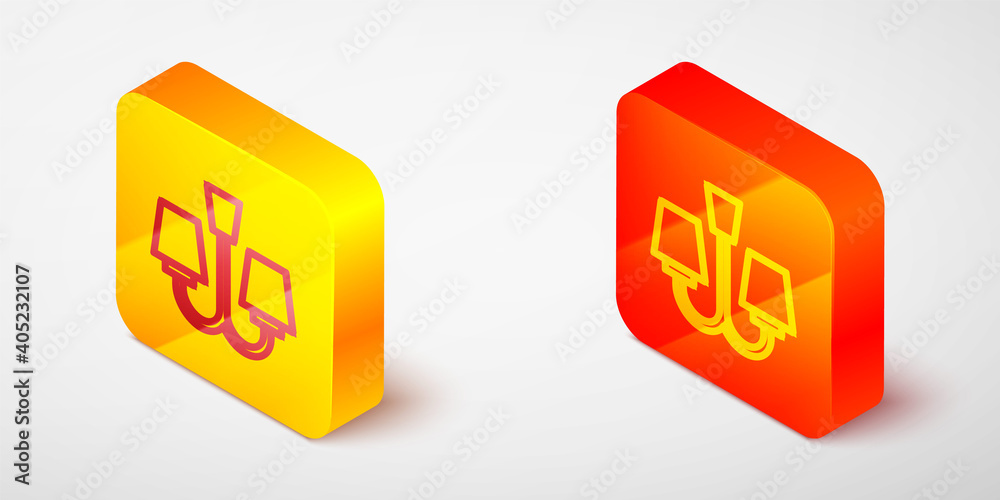 Isometric line Chandelier icon isolated on grey background. Yellow and orange square button. Vector. Isometric line Chandelier icon isolated on grey background. Yellow and orange square button. Vector.