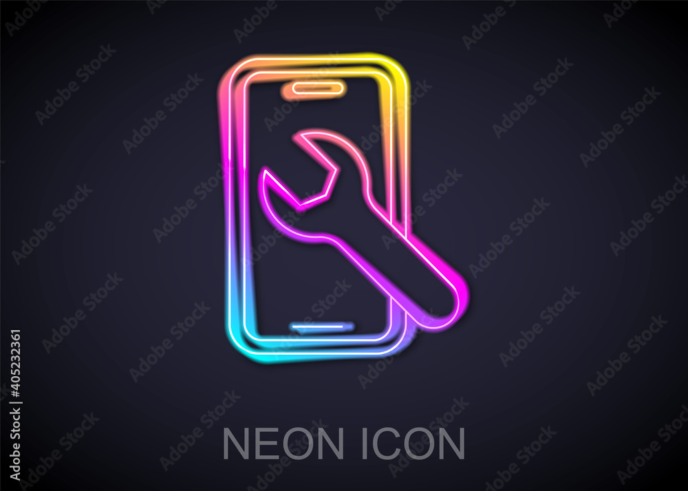 Glowing neon line Mobile phone with wrench icon isolated on black background. Adjusting, service, setting, maintenance, repair. Vector. Glowing neon line Mobile phone with wrench icon isolated on black background. Adjusting, service, setting, maintenance, repair. Vector.