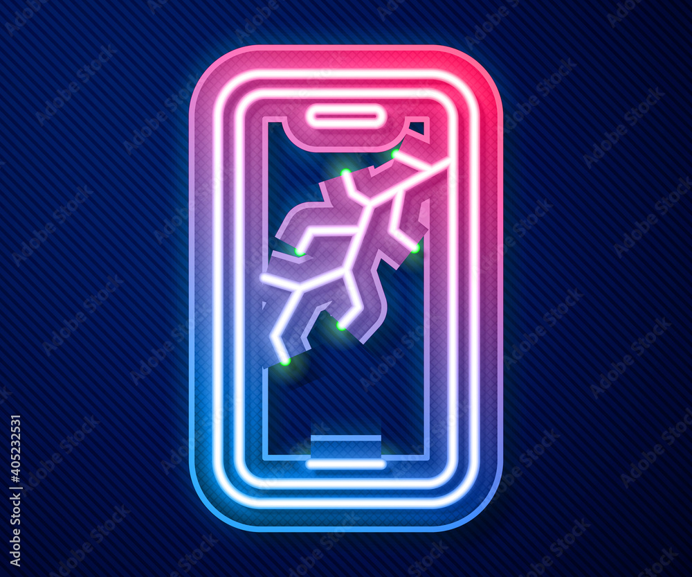 Glowing neon line Smartphone with broken screen icon isolated on blue background. Shattered phone screen icon. Vector. Glowing neon line Smartphone with broken screen icon isolated on blue background. Shattered phone screen icon. Vector.