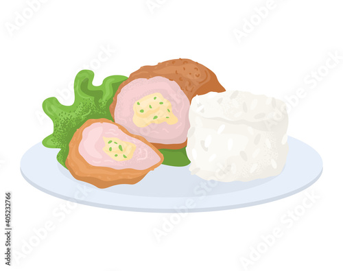 Restaurant food concept plate rice, organic leaf and chicken kiev cutlet with filling cheese vector illustration, icon isolated on white. Dinner foodstuff, delicious homemade eatables.